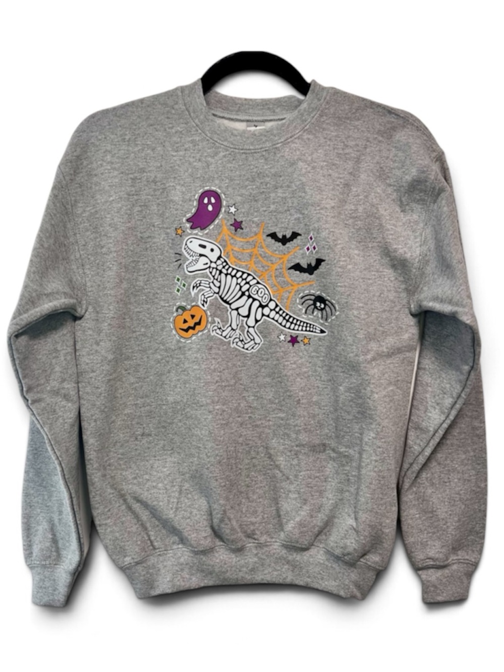 Halloween Dinosaur Skeleton Crewneck Sweatshirt - Gray / YOUTH LARGE